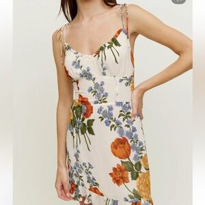 Reformation Floral Slip Dress in Cream with Orange & Blue Blooms
